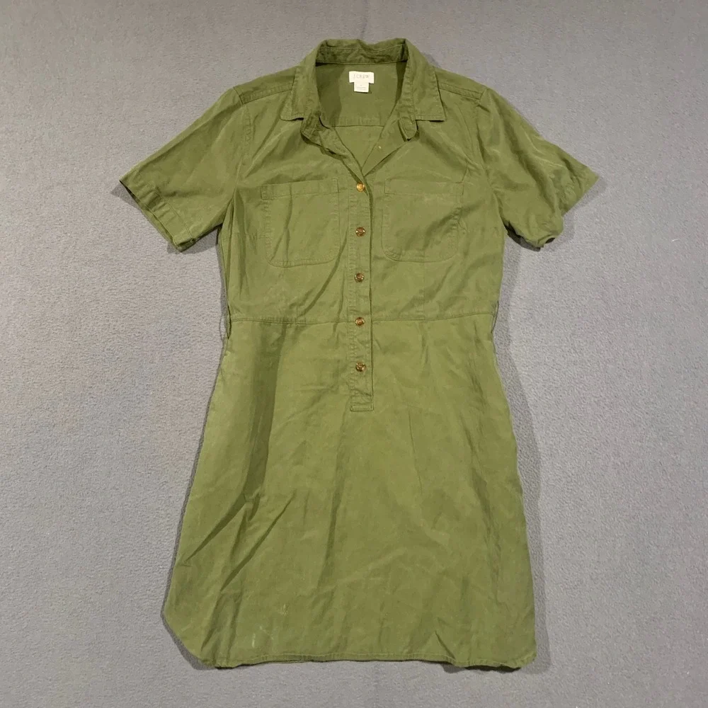J. Crew Shirt Dress Womens 4 Olive Green Utility Safari Lyocell Cotton Dress
